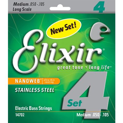 ELIXIR NANOWEB 14702 4-STRING MEDIUM, LONG SCALE ELECTRIC BASS STAINLESS STEEL - 50-105