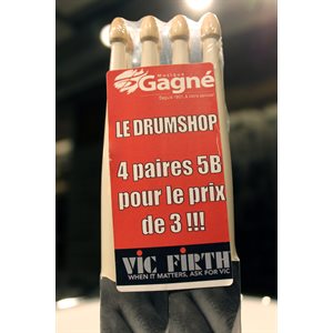 VIC FIRTH AMERICAN CLASSIC 5B WHITE W/MUSIQUE GAGNE LOGO, 4-PACK FOR THE PRICE OF 3