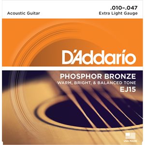 D'ADDARIO EJ15 PHOSPHOR BRONZE ACOUSTIC GUITAR STRINGS, EXTRA LIGHT, 10-47