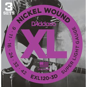 D'ADDARIO EXL120-3D NICKEL WOUND, SUPER LIGHT, 09-42 - 3 PACKS