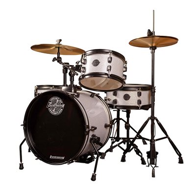 LUDWIG POCKET KIT SERIES 4PCS SHELL PACK WHITE SPARKLE (16BD, 10T, 13T, 12SD) W/HARDWARE, CYMBALS AND THRONE